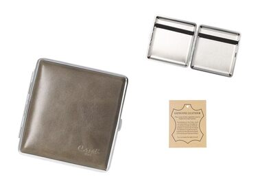 Leather cigarette case, 9.5 x 8.5 x 2 cm, holds 20 cigarettes with elastic band (Gray)