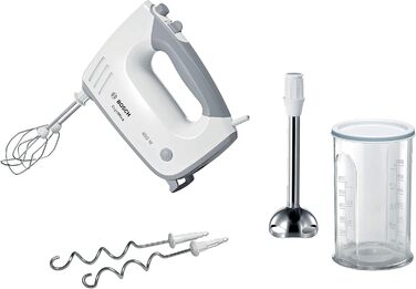 Bosch Hand Mixer ErgoMixx MFQ36470, 2 whisks, 2 stainless steel dough hooks, stainless steel mixing foot, mixing bowl, 5 speeds plus turbo setting, 450 W, white/gray
