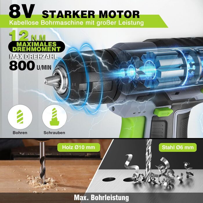 WORKPRO 8V Акумуляторний дриль-шуруповерт, комплект з кейсом, 2000 mAh, 10 мм патрон, 12 Н·м, LED, 21 шт. аксесуарів, для ремонту та DIY, сірий & зелений