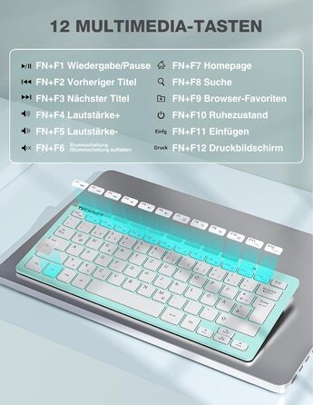 Бездротова клавіатура та миша TECKNET QWERTZ, 2.4 GHz, 15м, тиха, для ПК, ноутбука, Smart TV, білий (зелений)