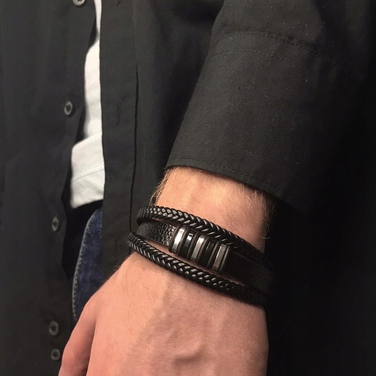 Чоловічий шкіряний браслет Premium: елегантний стиль, чорна сталь 316L