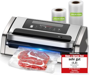 Вакуумний пакувальник Bonsenkitchen 15 л/хв - високопродуктивний, сертифікований, з інтегрованим ножем та 2 рулонами
