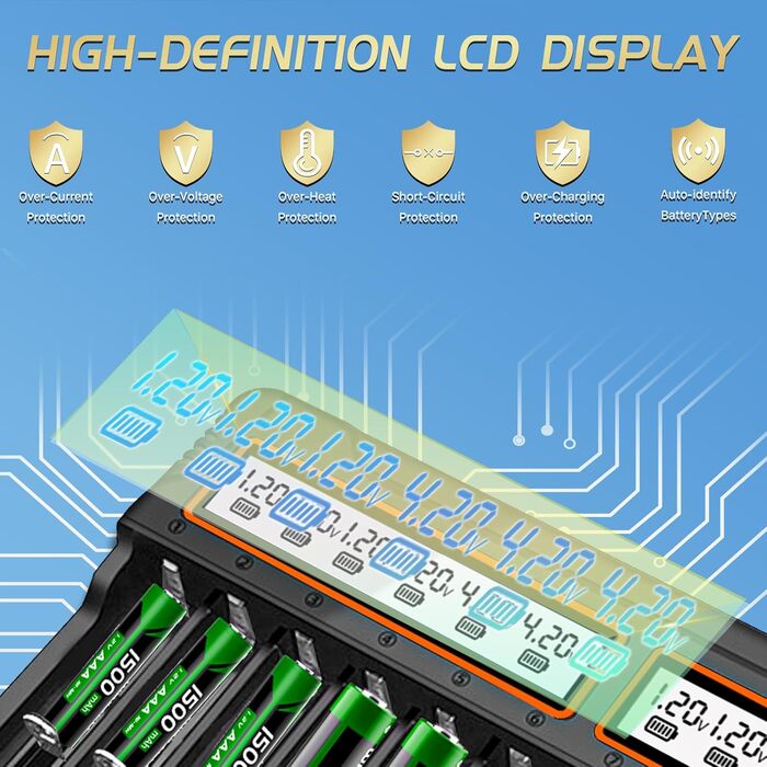 Зарядний пристрій для акумуляторів 18650, 12 слотів, LCD дисплей, універсальний, швидка зарядка, сумісний з 26650, 16340, 14500, 18350, 18500, AA, AAA (тільки зарядний пристрій)