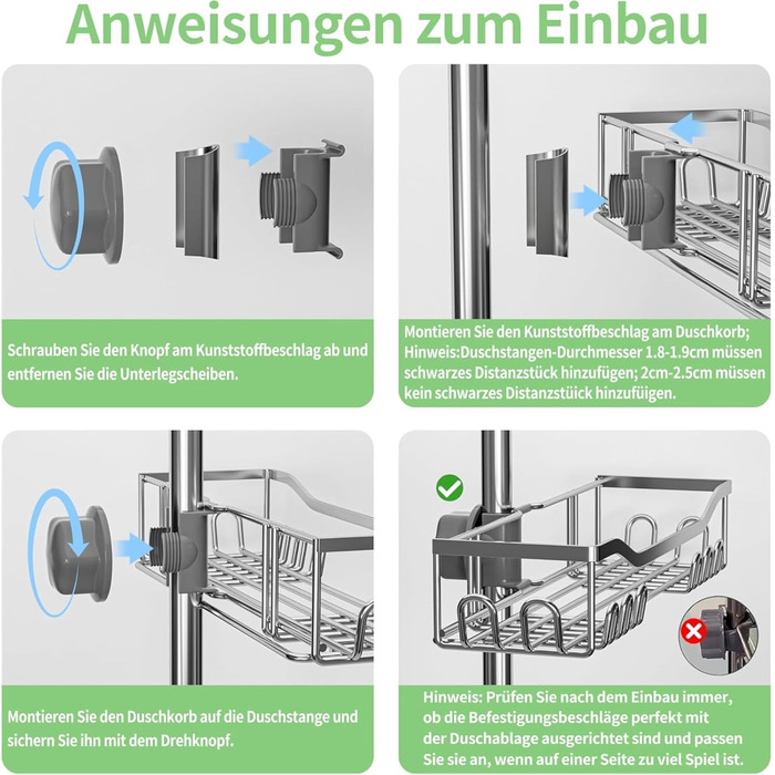 Двомісна поличка для душу без свердління, нержавіюча сталь 304, велика місткість, для стійок 18-25 мм, срібна