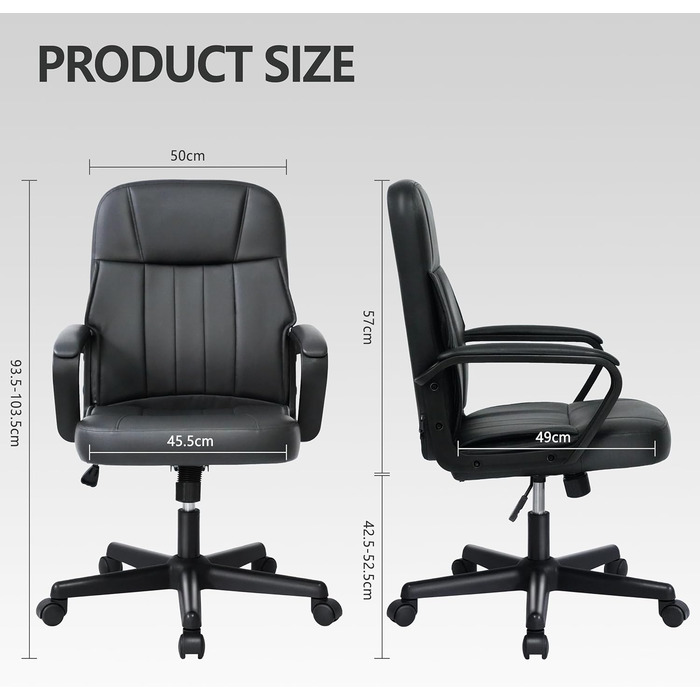 Офісне крісло MIXASTEP з PU-шкіри, поворотне, регульована висота, міцні підлокітники, 360° колеса, для роботи, навчання, ігор (Чорний)