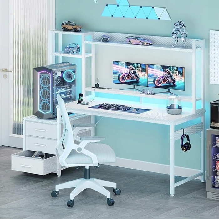 Ігровий стіл з шухлядами, полицею, розетками та LED-підсвіткою, 137x48 см