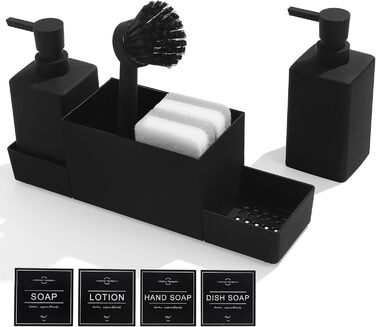 Dish Soap and Hand Soap Dispenser Kitchen Set with Sponge Holder and Brush, Dish Soap Dispenser Kitchen Black, Soap and Dish Soap Dispenser Set Kitchen Gadget Sink Organizer with Soap Dispenser (Black, 4 in 1)