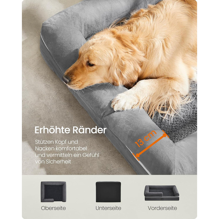 Ортопедичне ліжко для собак Feandrea, м'яке, з високими бортиками, 112x86x18 см, сірий колір, знімний чохол