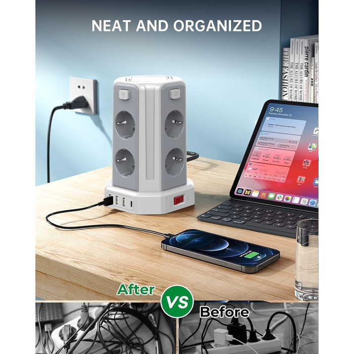 Многорозетка Sameriver з 4 USB, 8 розеток, захистом від перенапруги, вимикачем, 2м, білий