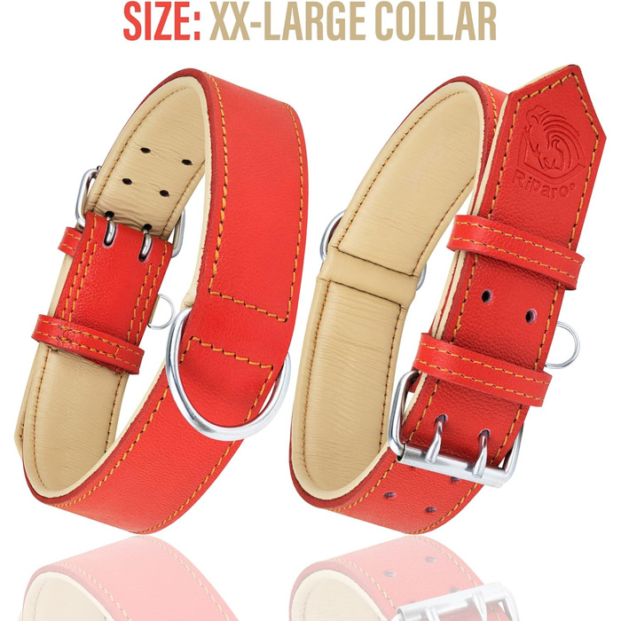 Нашийник для собак Riparo з натуральної шкіри, регульований, посилений, червоний (L, ширина 3,8 см, обхват 43,2-53,3 см)