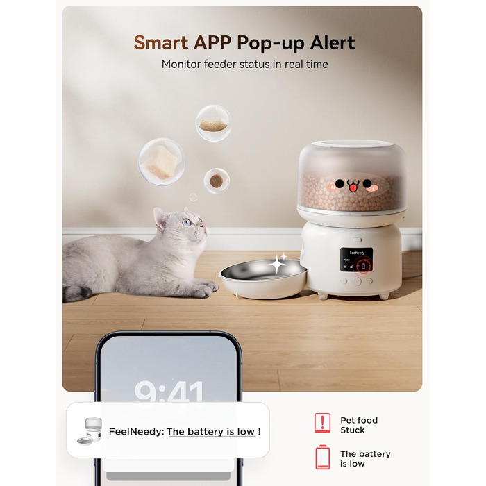Автомат годування котів FEELNEEDY з додатком, WiFi, нержавіюча сталь, 3L, білий. Програмування до 10 прийомів їжі на день, сповіщення про застрягання корму та низький заряд батареї