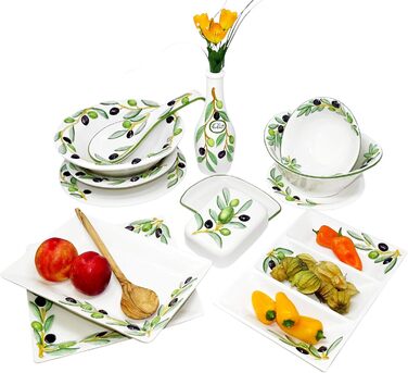 Handmade salt and pepper shaker set from Italian ceramic, 3-piece in olive green design with tray, size 14x8 cm