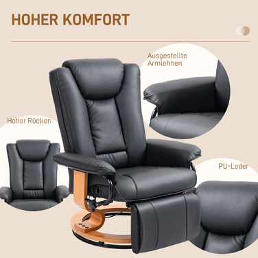 HOMCOM Recliner Chair, Swivel TV Chair with Reclining Function and Footrest, Holds up to 150 kg (220 lbs), Faux Leather TV Chair in Black for Living Room