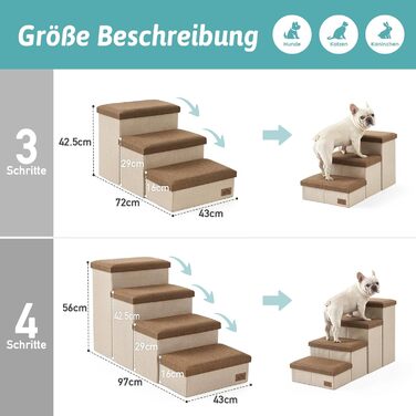 Сходинка для собак маленьких порід зі зберіганням, широка, складна для ліжка та дивану, з неслизьким дном, вологостійка (4x72x42.5 см), розмір 4x72x42.5 см (колір: коричневий, кількість: 4, розмір: 43x97x56 см)
