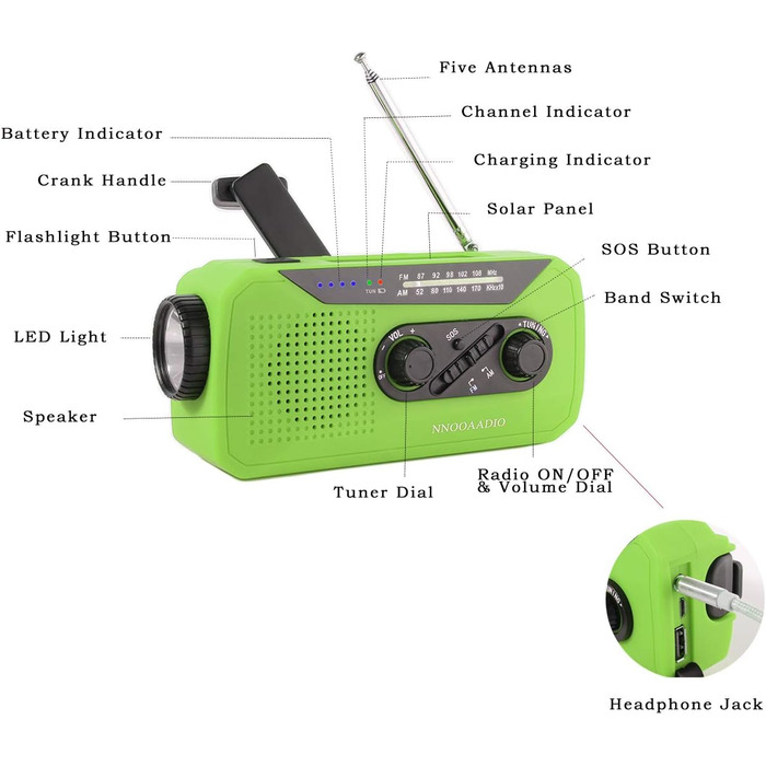 Радіо Solar-Radio з ручним приводом, AM/FM, погода, ліхтарик, SOS-сигнал, акумулятор 2000 mAh, Powerbank, роз'єм для навушників - для надзвичайних ситуацій та активного відпочинку (зелений)