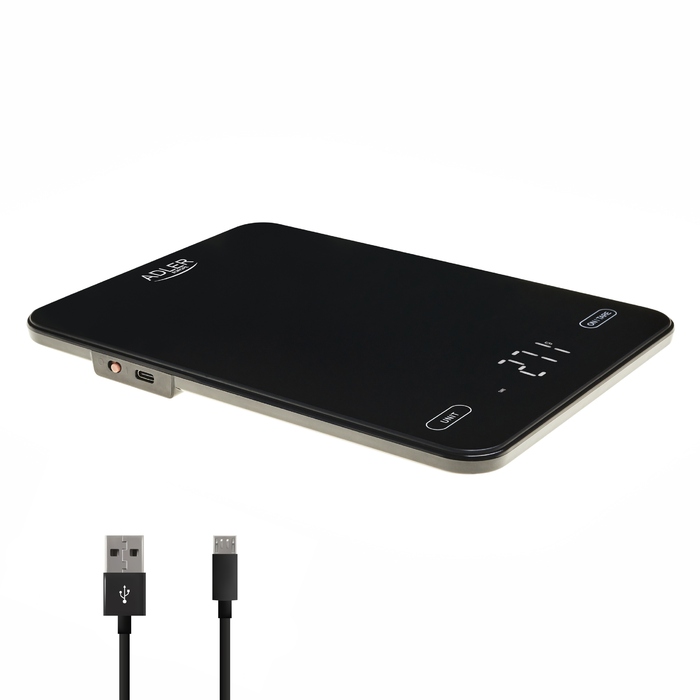 Кухонний ваги Adler, чорні, 10 кг, з USB-зарядкою
