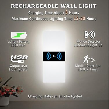 LED настінний світильник VOMI з датчиком руху, акумуляторний, бездротовий, USB зарядка, 4000mAh, для коридору та сходів, 2 білих світлодіодів, 6000K