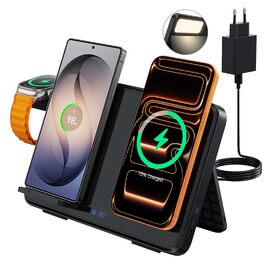 Бездротовий зарядний пристрій 4-в-1 для iPhone та Samsung: складна індуктивна станція з нічником для Apple Watch та AirPods, адаптер PD 30W, чорний
