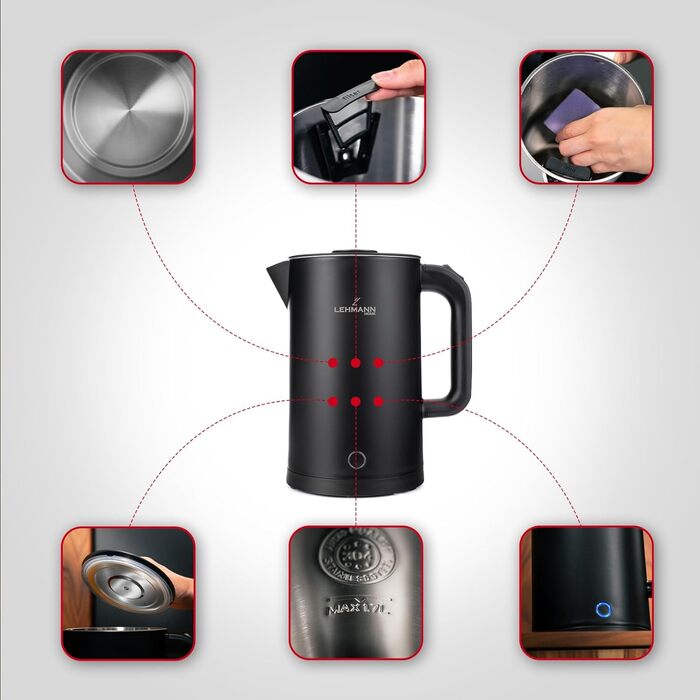 Електричний чайник LEHMANN з нержавіючої сталі 1,7л, 2200W, швидкий нагрів, подвійні стінки, автовимкнення та захист від перегріву, BPA-free, для дитячого харчування, чаю та кави, чорний