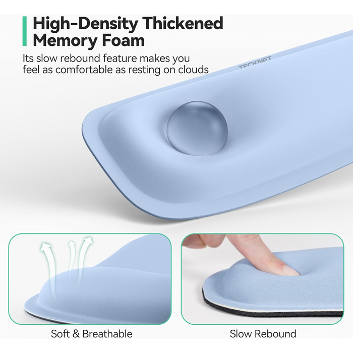 Підставка для зап'ястя TECKNET для клавіатури 43 см з Memory Foam 70D, ергономічна, проти болю в зап'ясті, для ПК, ноутбука, геймінгу (складний набір, блакитний)