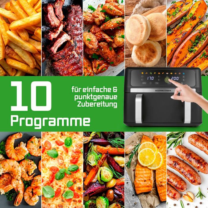Фритюрниця готувальна повітрям Gourmetmaxx AirGenius 9 л (2 x 4,5 л) з 8 програмами | 2 камери для одночасного приготування | Сенсорний дисплей, для 8 осіб