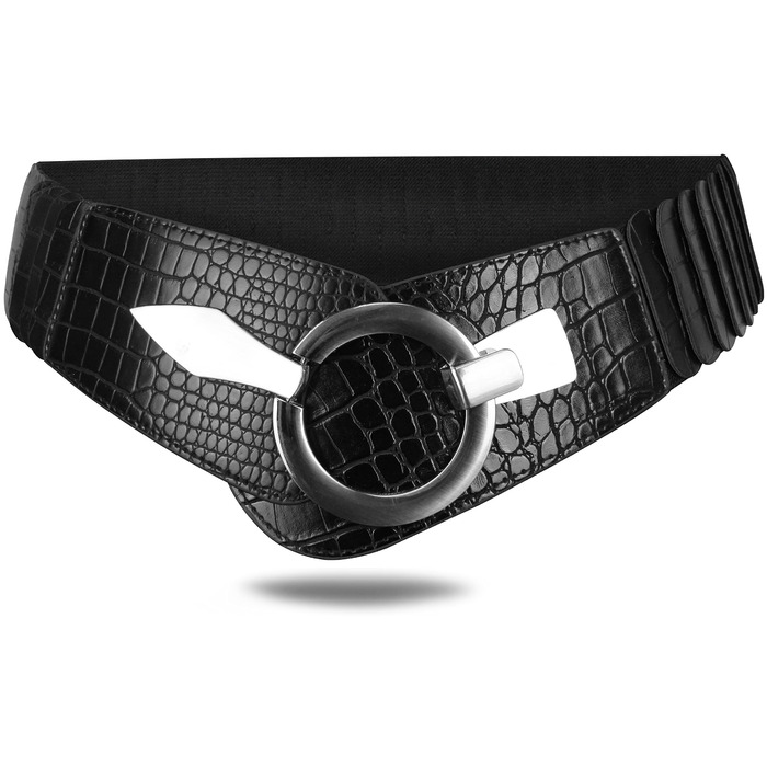 Жіночий еластичний пояс-гуртка Vanessa & Melissa, 6 см, срібна пряжка, кроко-чорний, 80 см (на талію 85-105 см)