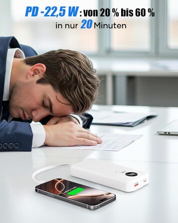 Power Bank 30000mAh з вбудованим кабелем: Швидка зарядка PD 22.5W, зовнішній акумулятор з великою ємністю, 4 виходи та 2 входи