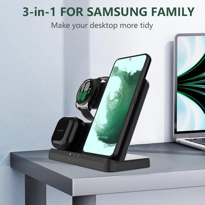 Бездротова зарядка 3-в-1 для Samsung Galaxy: смартфони, навушники, годинники (чорний)