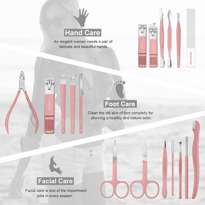 Набір для манікюру та педикюру Leipple: професійний набір з 18 предметів з нержавіючої сталі + шкіряна сумочка (рожевий)