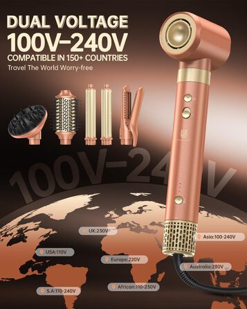 Webeauty 7-в-1 Стайлер для волосся: фен, плойка, брашинг, дифузор, 110,000 об/хв, 25 м/с, 500 млн негативних іонів, Dual Voltage, Mokka