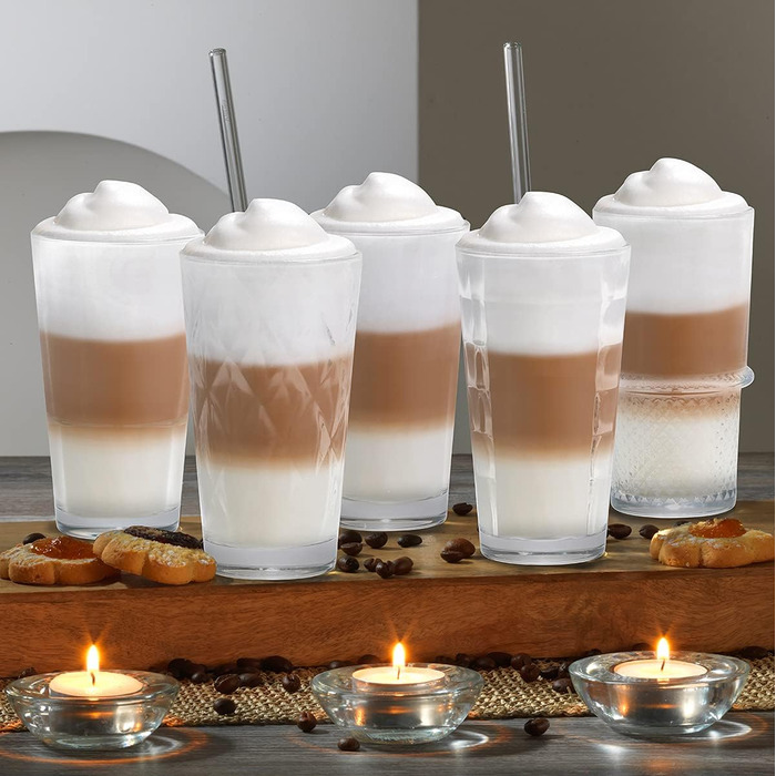 Vitrea 6-Piece Latte Macchiato/Coffee Glasses Set - 370ml, 6 Drinking Straws 23 cm, 1 Brush (6 Glasses Neutral 370ml)