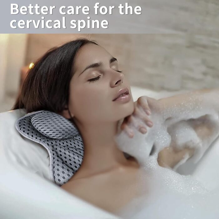 Подушка для ванни з підтримкою шиї та плечей, сітчаста 4D, 6 присосок, сіра