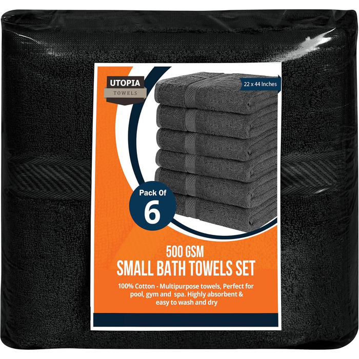 Utopia Towels - 6-Pack medium-sized bath towels made of 100% cotton with hanging loops, 60x120 cm shower towels, soft and absorbent towels (Black)