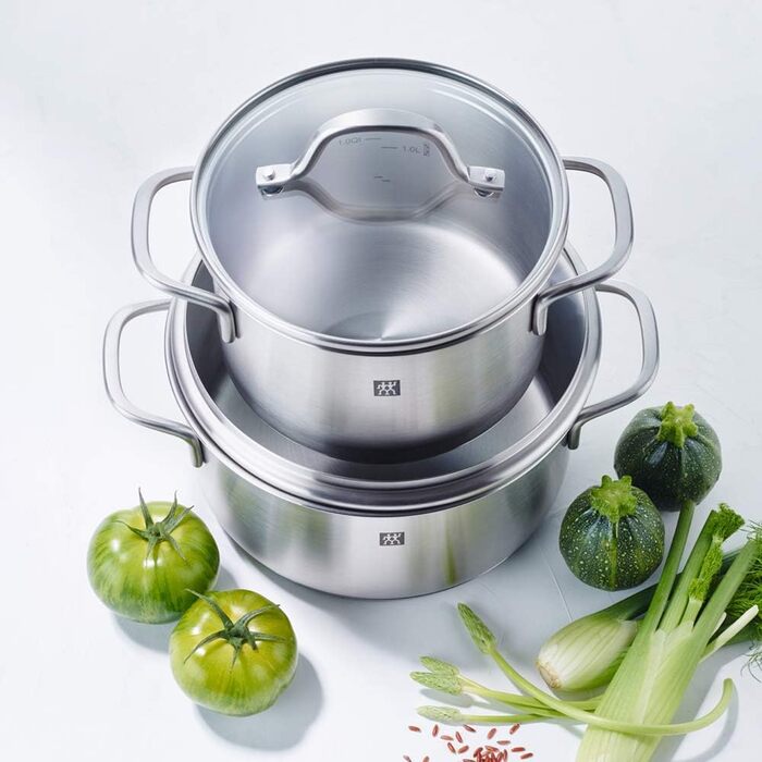 Набір каструль ZWILLING Flow, 5 предметів, з кришкою з термостійкого скла, для індукційних плит, не має покриття, з нержавіючої сталі, колір Black