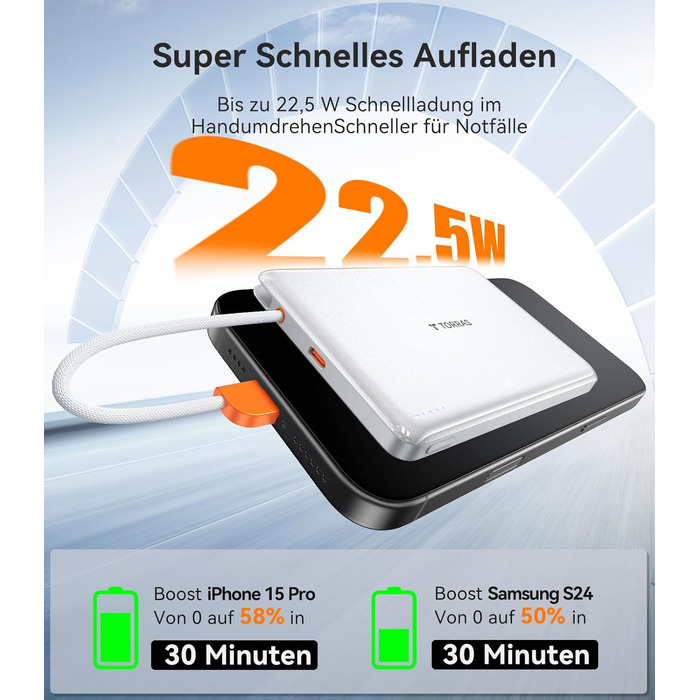 Портативний зарядний пристрій TORRAS 10000mAh з кабелем USB-C, 22.5W PD3.0, білий. Сумісний з iPhone, Samsung, AirPods.