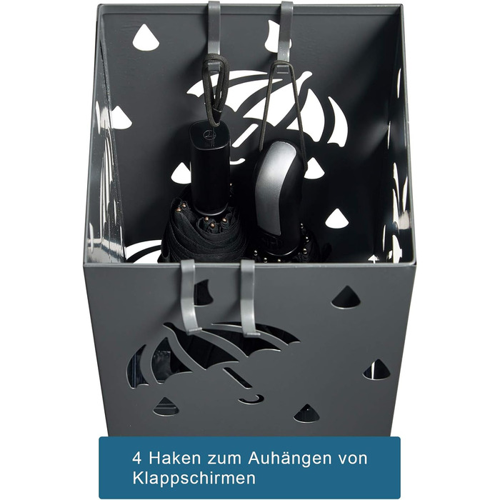 WOLTU Iron Umbrella Stand - Rectangular, 20x20x49cm - with Water Tray & 4 Hooks - Anthracite SST02an