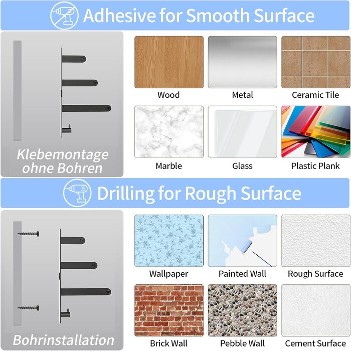 Тримач для рушників 80 см без свердління, чорний, з 3 стержнями, з нержавіючої сталі, з 2 гачками