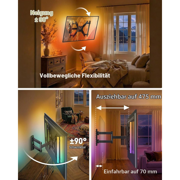 Кронштейн для ТБ Perlegear PGTVM79B поворотний та нахильний з LED-підсвіткою та синхронізацією з музикою, для телевізорів 25-65 дюймів (до 45 кг), VESA 400x400мм