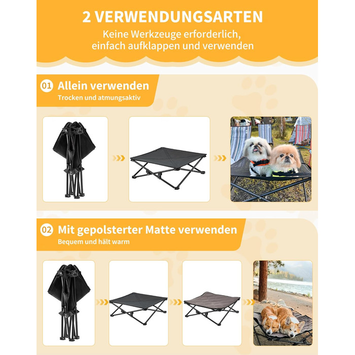 КінгКемп Лежанка для собак - портативна, з дихаючою сіткою та замшевим килимком, чорна, 57x57x23 см (77x77x30 см)