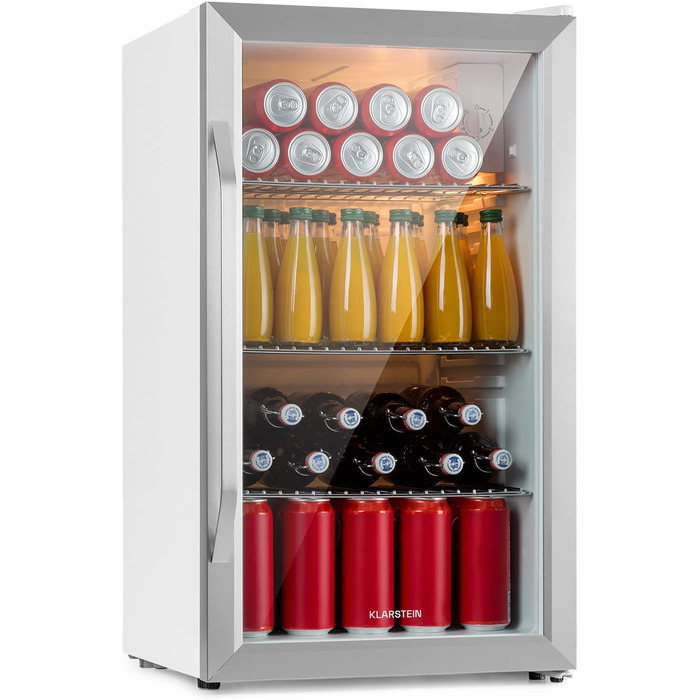Klarstein Mini Fridge with Glass Door - 80L Compact Beverage Cooler with Adjustable Shelves & Wave Pattern Racks - Quiet Operation (Silver-White)