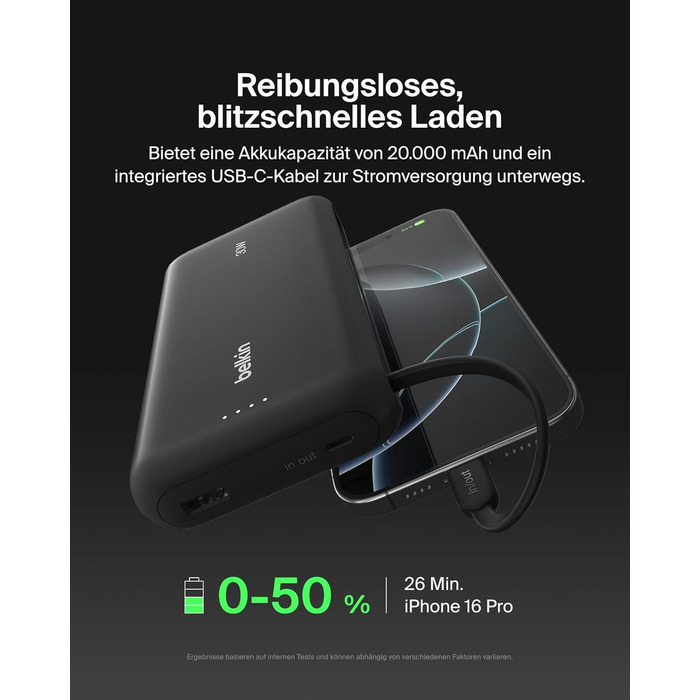 Зовнішній акумулятор Belkin Portable Powerbank 20000 mAh 30W з вбудованим кабелем USB-C PD для iPhone 16, iPad Pro, Samsung Galaxy S25, чорний