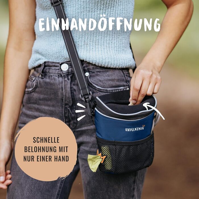 Сумка для ласощів для собак Rudelkönig - практична сумка для прогулянок та дресирування собак, з дозатором пакетів для вигулу (Basic, Blue)