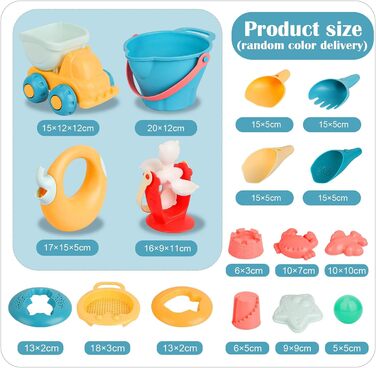 Sanlebi 17-Piece Beach Sand Toy Set with Water Wheel, Beach Buggy, Bucket, Mesh Bag, Sand Molds, Soft Plastic Toy Beach for Kids Boys Girls