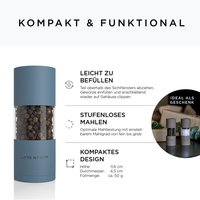 LARS NYSØM Salt and Pepper Mill Set made of Stainless Steel with Adjustable Ceramic Grinder - 2 Pieces | Manual Spice Grinders with High-Quality Design (2 pcs) (Blue)
