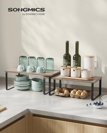 SONGMICS Spice Rack, 4-Piece Set, Kitchen Shelf, Kitchen Organizer, Expandable, Spice Holder, Stackable, with Metal Frame, 19.5 x 29.7 x 15.8 cm, Ink Black + Natural Beige KCS10NB (Ink Black + Greige Melange, 39.7B cm)