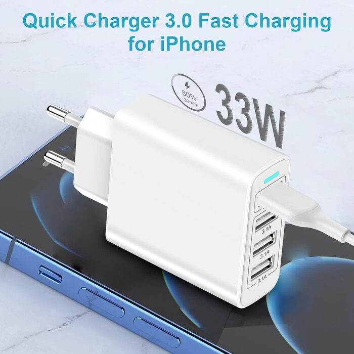 Багатопортовий зарядний пристрій USB з Quick Charge 3.0, 33W, 4 порти для iPhone 16/15/14/13/12/11/X, Samsung S24/S23/S21 та смартфонів