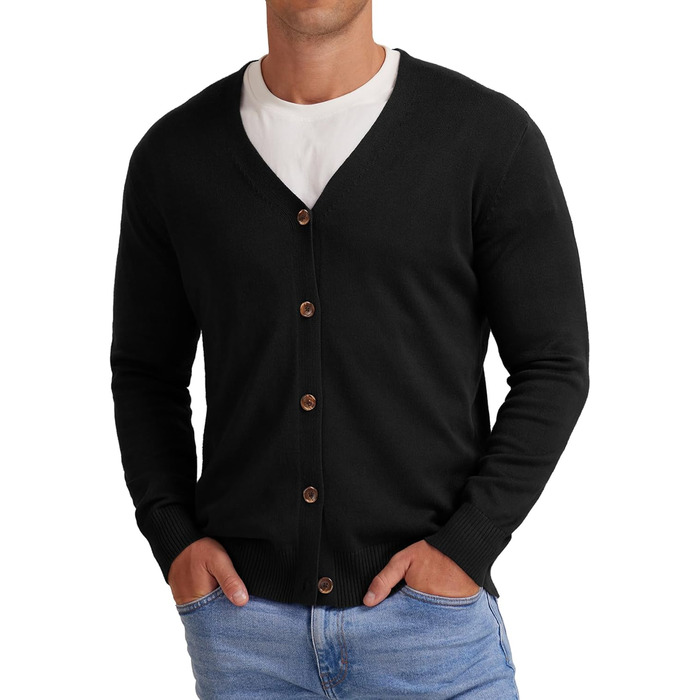 Чоловіча в'язана кофта NITAGUT з вінтажним смугастим дизайном, довгі рукави, V-подібний виріз, ґудзики (S, Чорний)