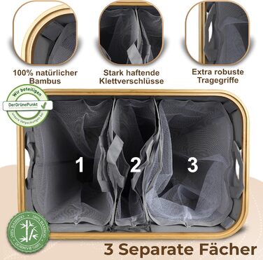 Luxpur® кошик для білизни XXL з кришкою, 3 секції, бамбук, складаний органайзер для сортування білизни