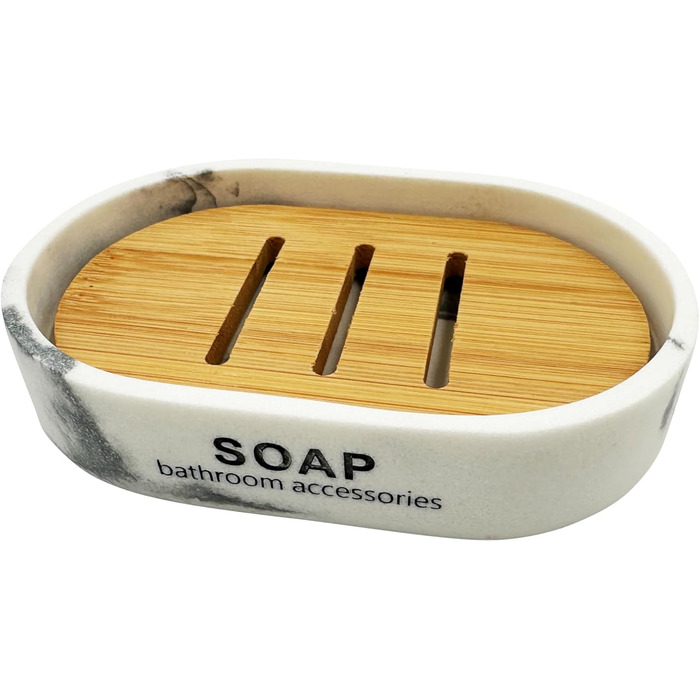 Миска для мила Marmor з бамбуковою підставкою – штучний камінь, 12,5 x 8 x 2,5 см