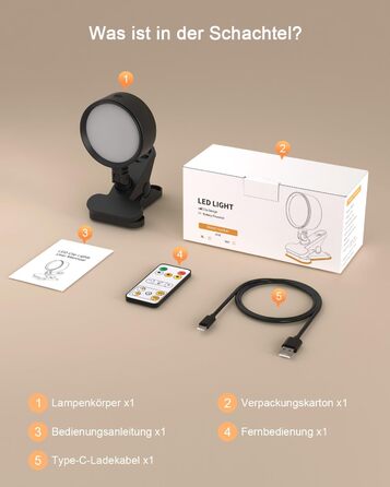 Нічник на ліжко акумуляторний бездротовий з USB-C, 5000mAh, з кліпсою, димуючий сенсорний пульт, 3 кольори, поворотний на 360°, для спальні, кемпінгу, чорний